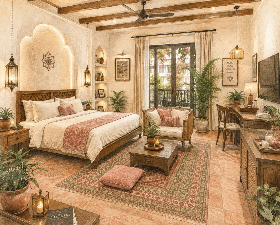 Watercolor of a boutique bedroom at Harley's House