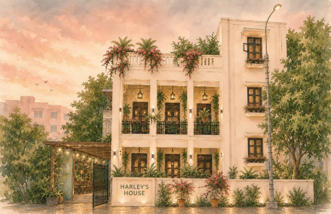 Watercolor of Harley's House at dusk