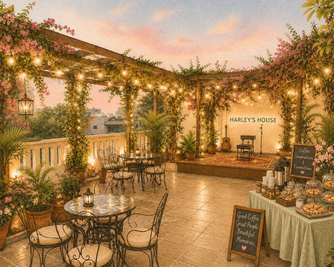 Watercolor of the terrace set up for an evening gathering with live music