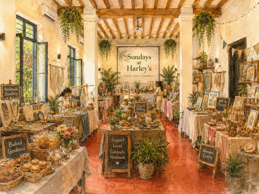 Watercolor of the Sundays at Harley's market, stalls of handmade jewellery, pottery, art and baked goods